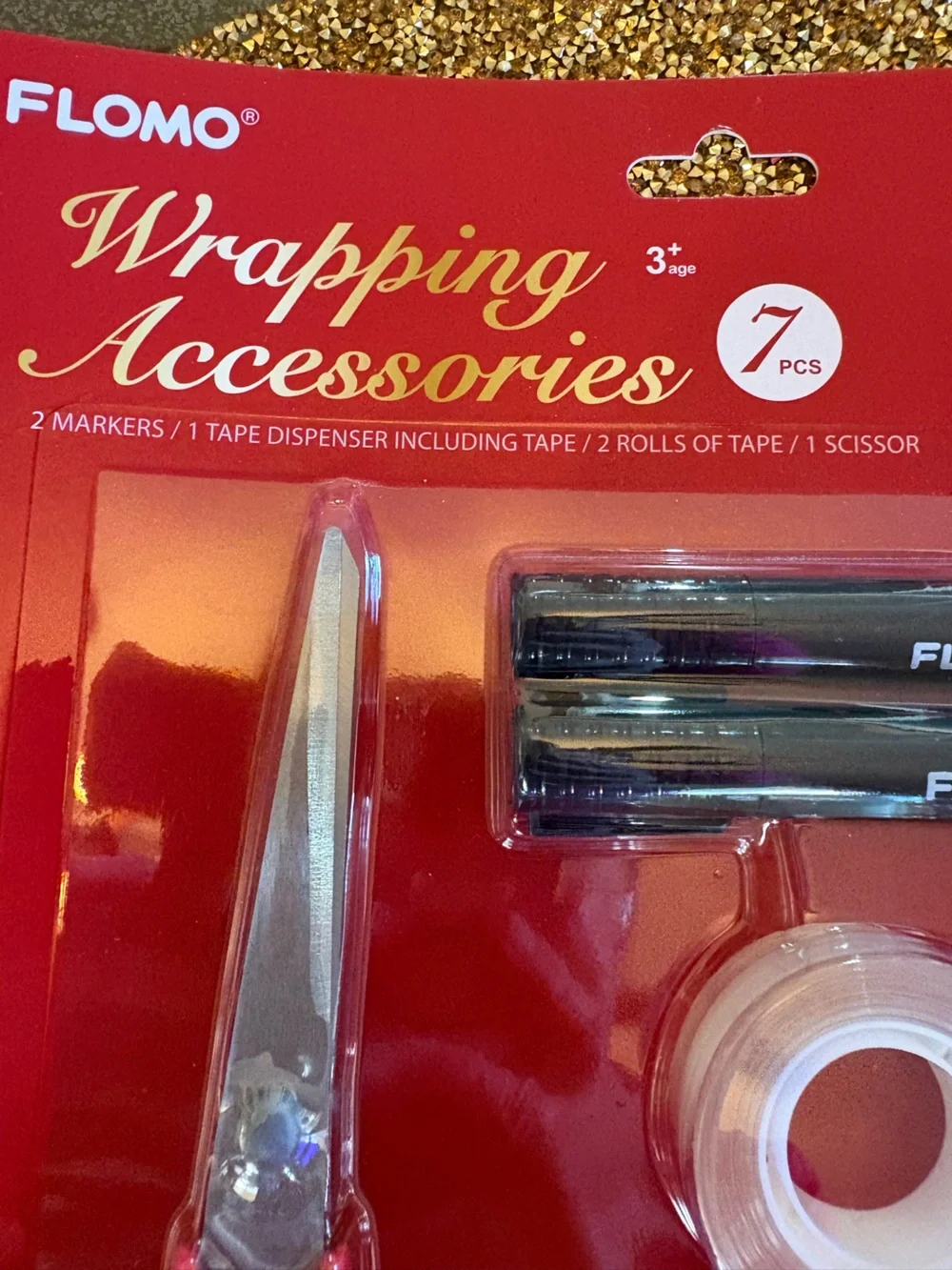 Flomo NWT Wrapping Accessories Set 7 pieces, 2 markers, scissor, tape dispenser